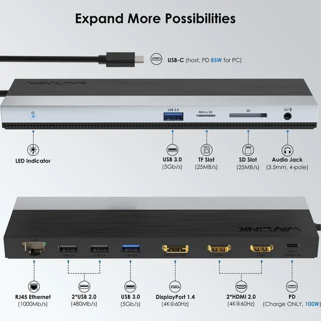 Alt view image 2 of 7 - Wavlink USB-C Docking Station Triple Display Max 4K@60Hz with DisplayPort, 2xHDMI, PD, 85W Charging for PC, 2xUSB 3.0, 2x2.0, Gigabit Ethernet, SD/TF Slot, Audio Jack For Windows&Mac etc