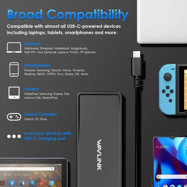 Alt view image 6 of 7 - Wavlink PD 100W USB-C GaN Fast Charger, Universal USB-C Charger for Laptops, Tablets, Phones and more, Compatible with MacBook, Chromebook, Lenovo, Dell, HP, Asus, Huawei, Samsung, Switch, PS, Xbox