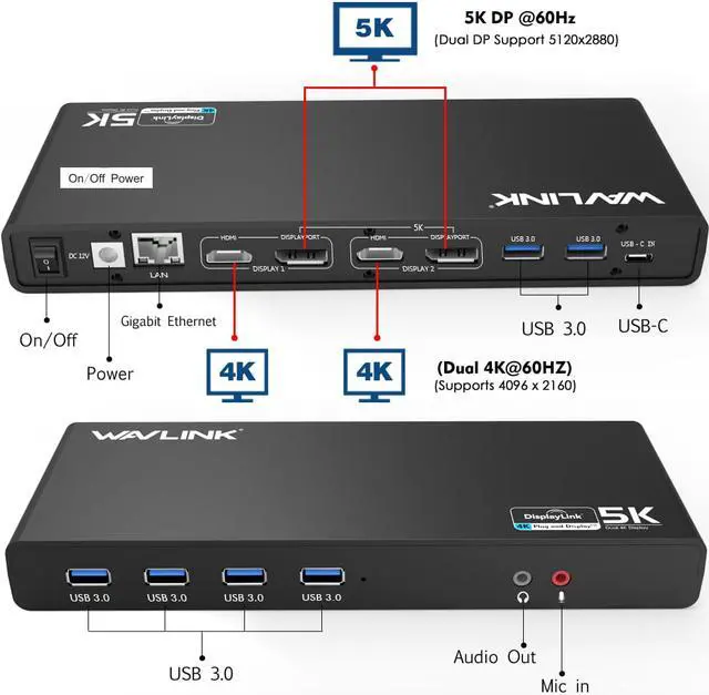 Alt view image 2 of 7 - Wavlink USB 3.0 & USB C Ultra HD/5K Universal Laptop Docking Station, Dual 4K Video Display with 2 X HDMI, 2 x DisplayPort, Gigabit Ethernet, 6 x USB 3.0, Audio, Mic, For Windows & Mac by Displaylink