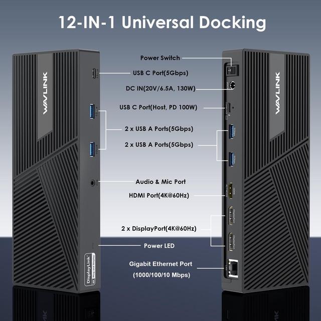 Alt view image 2 of 7 - Wavlink USB-C Universal Triple 4K Display Laptop Docking Station, USB 3.0 Dock Supports 3 Monitors, Max 130W PD Charging, Dual DP, HDMI, 4*Type-A, Type-C, RJ45, Mic/Audio, For Windows Mac OS