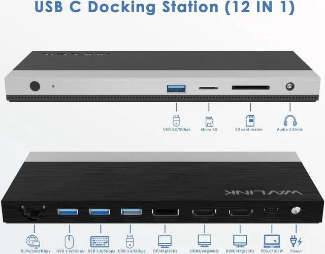 Alt view image 2 of 7 - WAVLINK USB C 4K Laptop Docking Station Triple Display With 100W PD3.0 Charging (65W for PC), Dual HDMI, 1 Displayport, 4xUSB-A 3.0 , Gigabit Ethernet, SD&TF Card Slot Audio Jack For Windows, Mac