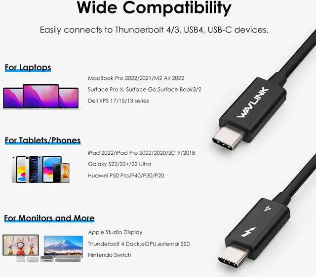 Alt view image 7 of 7 - WAVLINK Thunderbolt 4 Cable 2.3 ft USB4 Cable Thunderbolt Certified 40Gbps with 100W Charging Supports Single 8K/Dual 4K Display for MacBook Pro, iPad Pro, Dock, Thunderbolt 4/3 Hub ,External SSDs