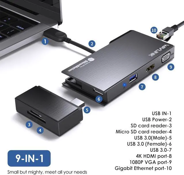 Alt view image 2 of 7 - Wavlink USB3.0 Laptop Dock, Multiport Adapter Travel Mini Dock, 9-in-1 USB HUB with 4K HDMI and 1080P VGA, 2x5Gbps USB3.0, Detachable SD/TF Card Reader, RJ45, for Mac/Windows/Android/Chrome