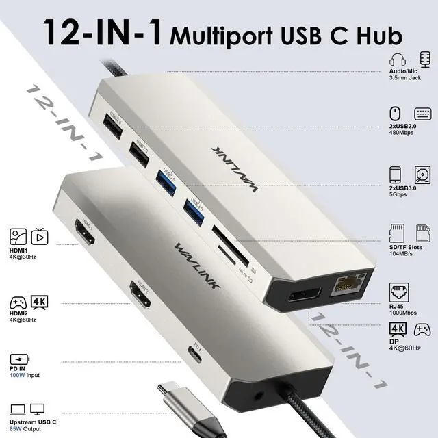 Alt view image 2 of 7 - WAVLINK USB C Docking Station Triple Display with Dual 4K HDMI, 4K DP, 85W PD Charging USB C Hub, 5Gbps USB3.0, USB2.0, Gigabit Ethernet, SD/TF Slots, Audio/Mic, for MacBook/Dell/HP/Lenovo/Surface