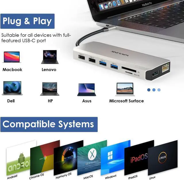 Alt view image 7 of 7 - WAVLINK USB C Docking Station Triple Display with Dual 4K HDMI, 4K DP, 85W PD Charging USB C Hub, 5Gbps USB3.0, USB2.0, Gigabit Ethernet, SD/TF Slots, Audio/Mic, for MacBook/Dell/HP/Lenovo/Surface