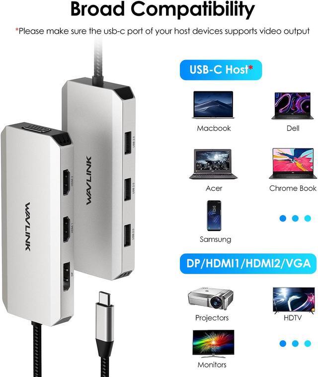 Alt view image 8 of 7 - WAVLINK USB C Laptop Docking Station with Dual 4K HDMI, 4K DP, VGA, 3xUSB2.0, Quad Monitor USB C Dock For Dell/HP/Lenovo/Thinkpad, Compatible with Mac/Windows/Chrome OS/Linux/Android