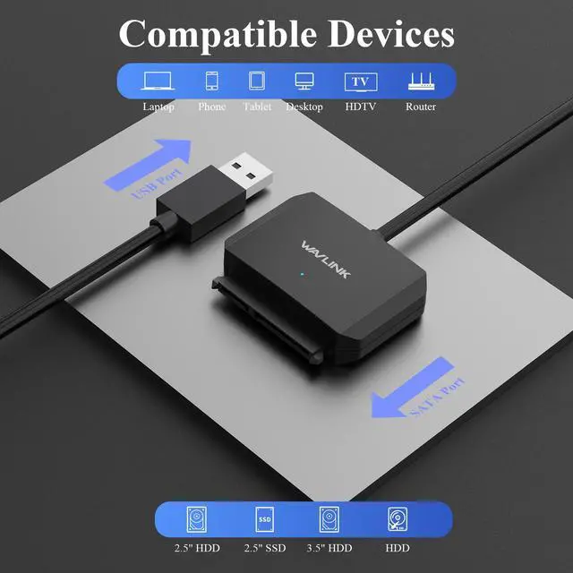 Alt view image 2 of 7 - WAVLINK USB3.0 to SATA III Hard Drive Adapter Cable, SATA to USB A 5Gbps Converter, External Hard Drive Connector for 2.5"/3.5" HDD/SSD, Power Adapter Included