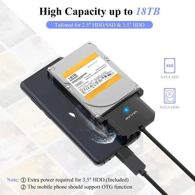 Alt view image 4 of 7 - WAVLINK USB3.0 to SATA III Hard Drive Adapter Cable, SATA to USB A 5Gbps Converter, External Hard Drive Connector for 2.5"/3.5" HDD/SSD, Power Adapter Included