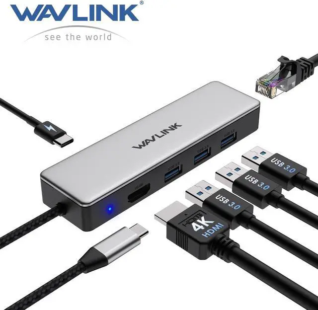 Main image of WAVLINK USB C Hub, USB C Adapter for MacBook Pro/Air/Thunderbolt 3/Type C Devices, with 4K@30Hz HDMI, 3 USB 3.0, Gigabit Ethernet, 100W Power Delivery for Windows and Mac