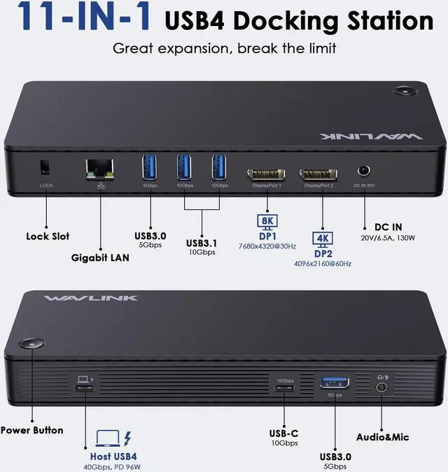 Alt view image 2 of 7 - WAVLINK USB 4 Docking Station, 40Gbps 96W PD Charging, Single Display 8K, Dual Monitors with 2X DisplayPort, 10Gbps USB3.1x3, USB3.0x2, Gigabit RJ45, For Windows/Mac OS, Work with Thunderbolt 4/3