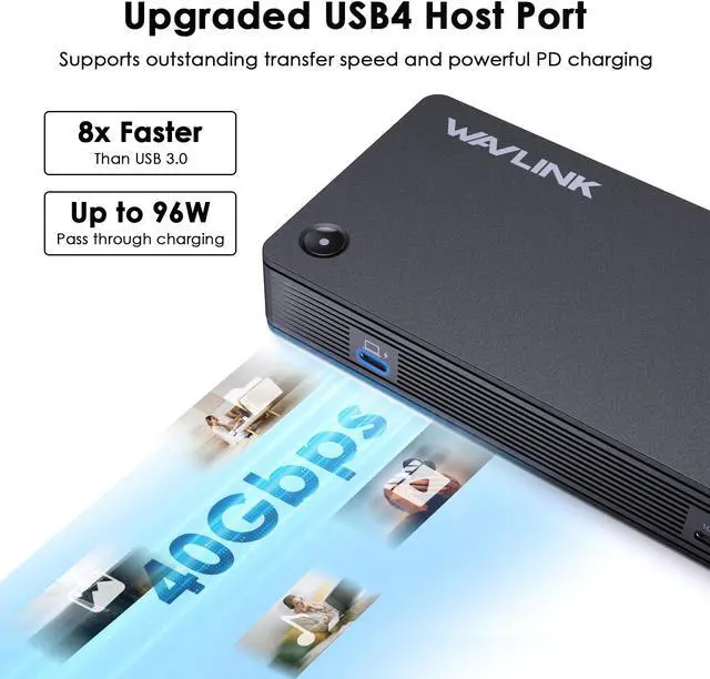 Alt view image 3 of 7 - WAVLINK USB 4 Docking Station, 40Gbps 96W PD Charging, Single Display 8K, Dual Monitors with 2X DisplayPort, 10Gbps USB3.1x3, USB3.0x2, Gigabit RJ45, For Windows/Mac OS, Work with Thunderbolt 4/3