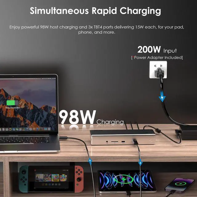 Alt view image 7 of 7 - WAVLINK Thunderbolt 4 Docking station Quad Display 40Gbps laptop Docking Station with 98W Laptop Charging, Single 8K@30Hz Quad 4K@60Hz, 2.5G RJ45, SD V4.0, 10Gbps USB3.1 for MacBook Pro/Air and More