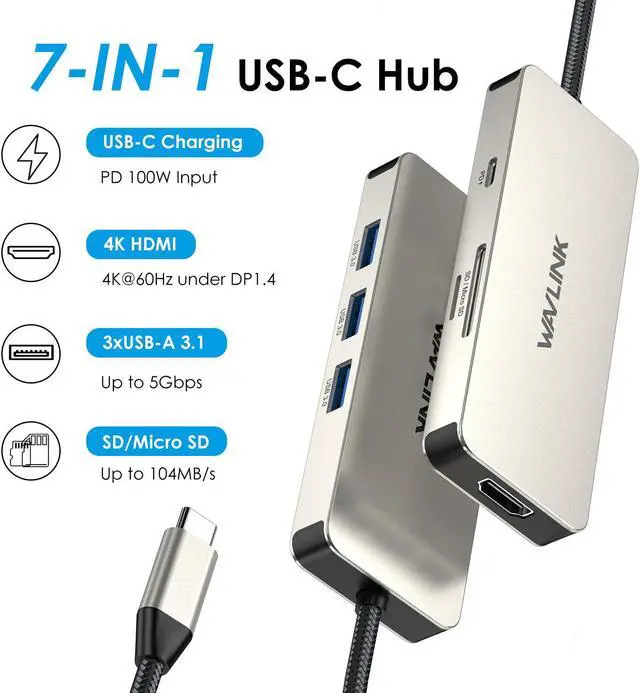 Alt view image 2 of 7 - WAVLINK USB C HUB, Type-C Multiport Adapter with 4K HDMI Output, 100W PD Input, 3 x 5Gbps USB3.1, SD/TF Card Reader, USB C Dongle for MacBook Pro/Air, iPad Pro, Surface, XPS, Thunderbolt 3/4 Laptops