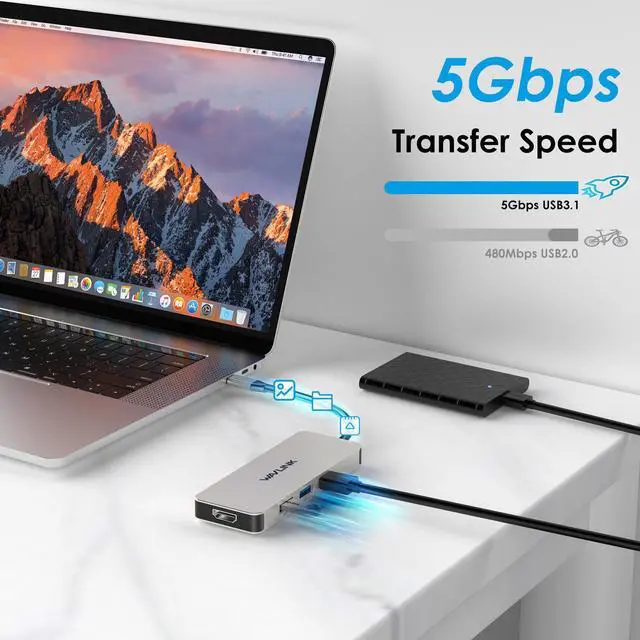 Alt view image 6 of 7 - WAVLINK USB C HUB, Type-C Multiport Adapter with 4K HDMI Output, 100W PD Input, 3 x 5Gbps USB3.1, SD/TF Card Reader, USB C Dongle for MacBook Pro/Air, iPad Pro, Surface, XPS, Thunderbolt 3/4 Laptops