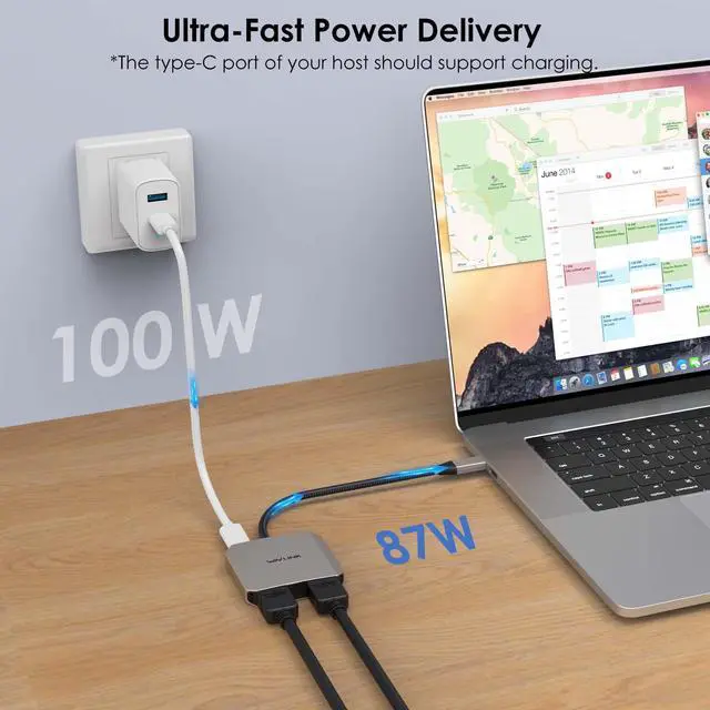 Alt view image 6 of 7 - WAVLINK USB C to Dual 4K HDMI Adapter 4K@60Hz with 87W Power Delivery USB C to HDMI Adapter, Dual Monitors Adapter Powered HDMI Hub for MacBook Pro/Air, Dell XPS, HP, Lenovo, Thunderbolt 3/4 Laptops