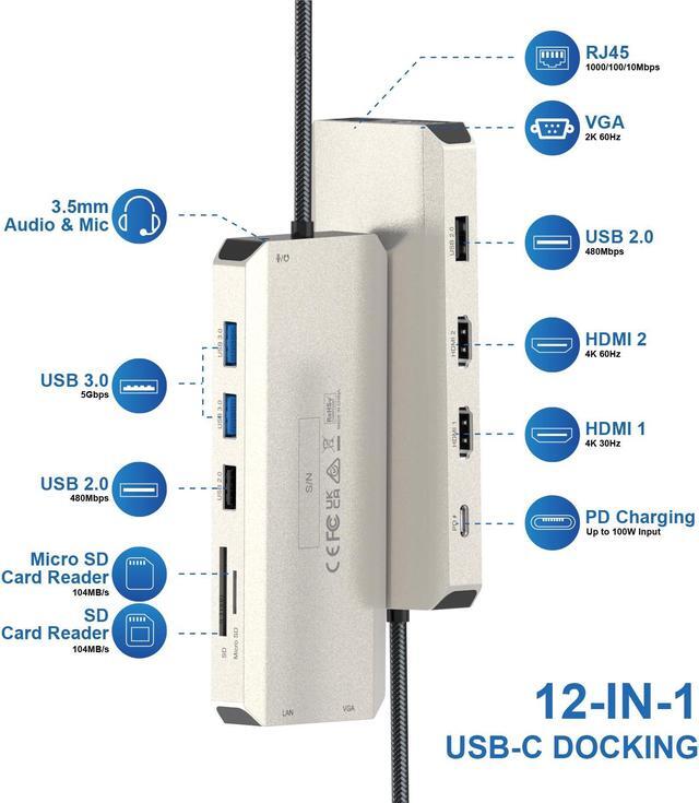 Alt view image 2 of 7 - WAVLINK USB C Docking Station Triple Display with 2x 4K HDMI, 1x 2K VGA, 85W Laptop Charging, Ethernet, SD/TF Card Reader, 3.5mm Audio Jack, 5 USB for Mac/Dell/Acer/HP/ASUS/Steam Deck/Rog Ally/Lenovo