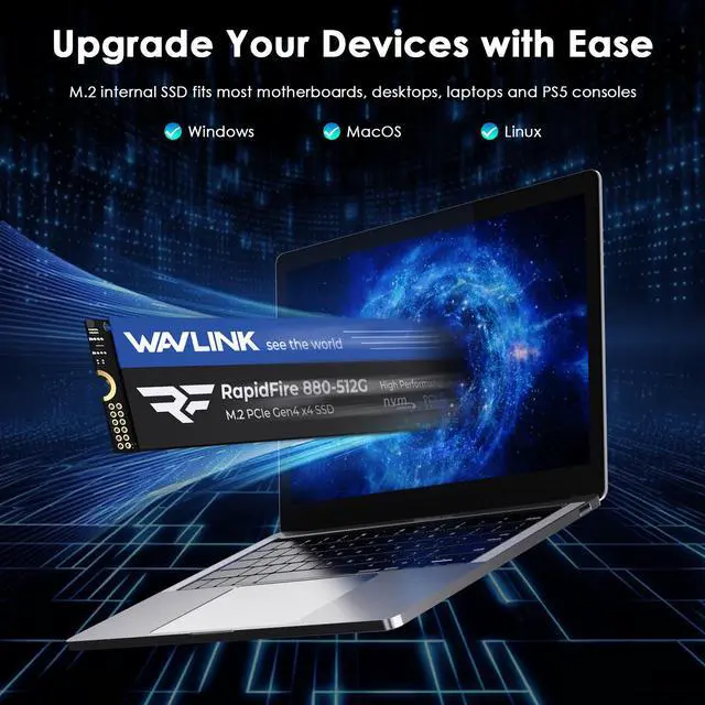 Alt view image 4 of 7 - WAVLINK 512GB M.2 2280 PCIe 4.0 x4 NVMe 2.0 SSD, 3D TLC NAND Internal Gaming Solid State Drive with Cooling Sticker, Sequential Read/Write Speed up to 7,000/4,200MB/s, For PS5 PC Desktop Laptop