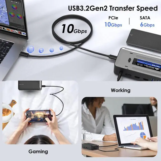 Alt view image 6 of 7 - WAVLINK USB C Triple Display Docking Station Type C 10Gbps Hub with M.2 PCIe/SATA SSD Enclosure, Support 100W PD, 4K@60Hz HDMI/DP, USB C/USB-A Gen 3.2/3.1, SD/TF, Gigabit RJ45 for Windows, Mac OS