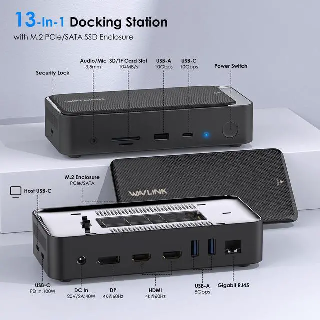 Alt view image 2 of 7 - WAVLINK USB C Triple Display Docking Station Type C 10Gbps Hub with M.2 PCIe/SATA SSD Enclosure, Support 100W PD, 4K@60Hz HDMI/DP, USB C/USB-A Gen 3.2/3.1, SD/TF, Gigabit RJ45 for Windows, Mac OS