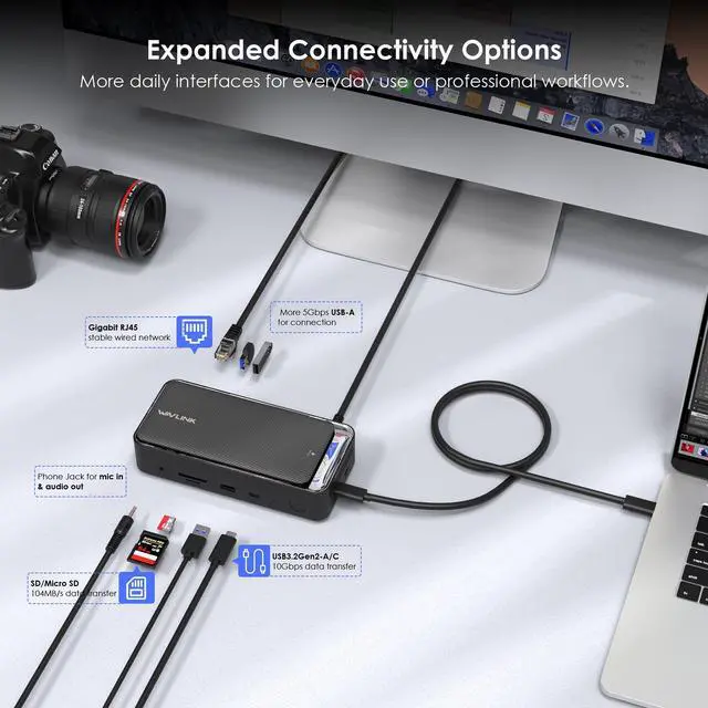 Alt view image 7 of 7 - WAVLINK USB C Triple Display Docking Station Type C 10Gbps Hub with M.2 PCIe/SATA SSD Enclosure, Support 100W PD, 4K@60Hz HDMI/DP, USB C/USB-A Gen 3.2/3.1, SD/TF, Gigabit RJ45 for Windows, Mac OS