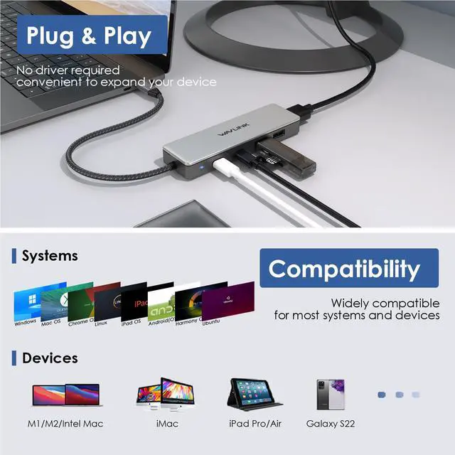 Alt view image 6 of 7 - WAVLINK USB C 10Gbps Hub, Type C to 4K@60Hz HDMI Multiport Adapter with 85W PD Charging, 2 USB 3.1 Ports, 1 USB A 2.0 Port for MacBook Air/Pro Chromebook and More Type C Devices