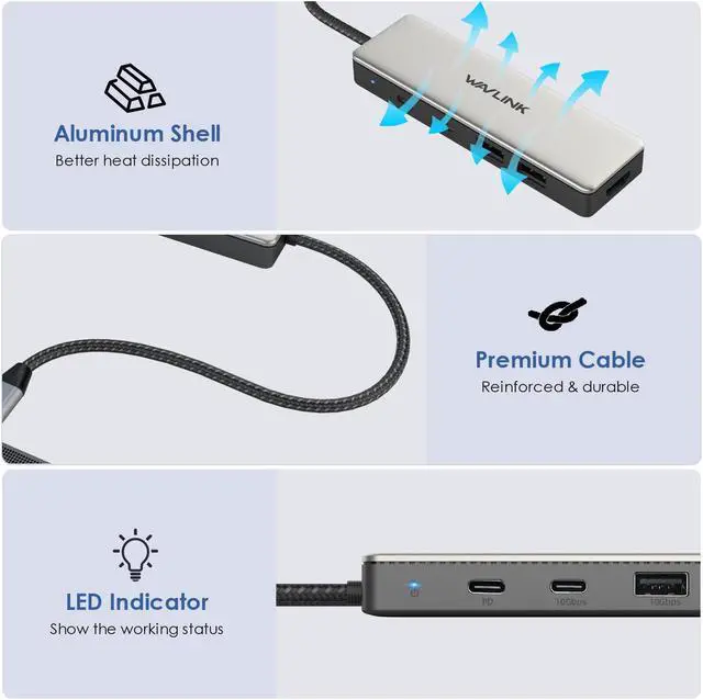 Alt view image 7 of 7 - WAVLINK USB C 10Gbps Hub, Type C to 4K@60Hz HDMI Multiport Adapter with 85W PD Charging, 2 USB 3.1 Ports, 1 USB A 2.0 Port for MacBook Air/Pro Chromebook and More Type C Devices