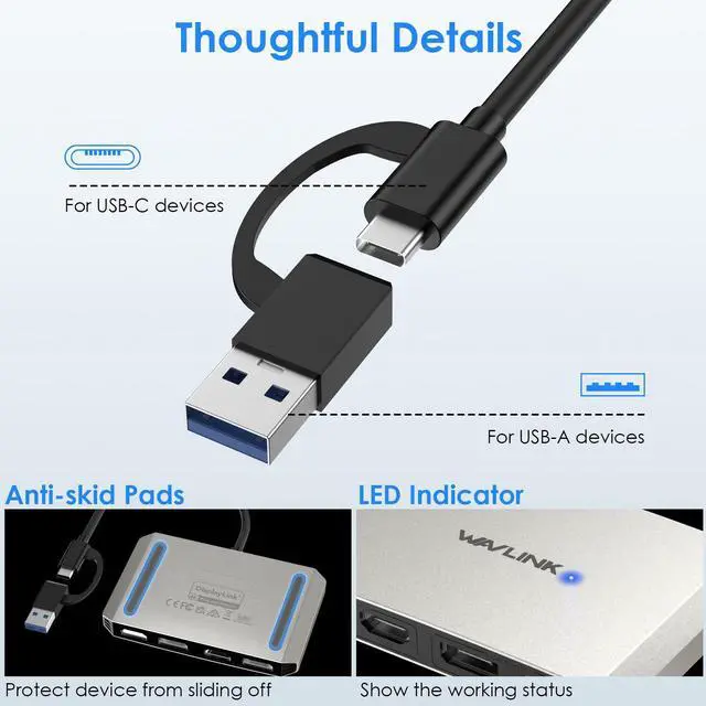 Alt view image 6 of 6 - WAVLINK USB 3.0/USB C to DisplayPort and HDMI Adapter, DisplayLink Dual 5K@60Hz Monitor Hub for Dell HP Surface Lenovo, Compatible with Windows and M1/M2 Mac