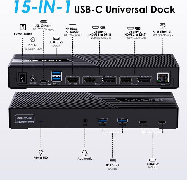Alt view image 3 of 7 - Wavlink USB C Triple Monitor Docking station With 100W Laptop Charging, 10Gbps USB for Thunderbolt 3/4, Mac M1/M2/M3, USB4, Windows (3 HDMI, 2 DisplayPort, 2 USB-C, 4 USB3.1, Ethernet, Audio&Mic)