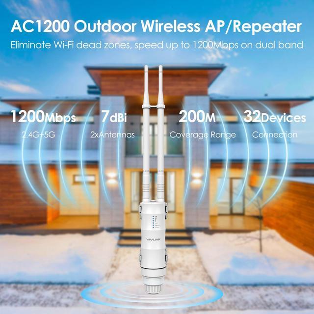 Alt view image 2 of 7 - WAVLINK AC1200 Outdoor Wi-Fi Extender Dual Band Long Range Access Point with Active/Passive PoE, WAN/LAN Port, IP67 Waterproof, Supports AP/Router/Repeater Modes, 2x7dBi High-Gain Antennas