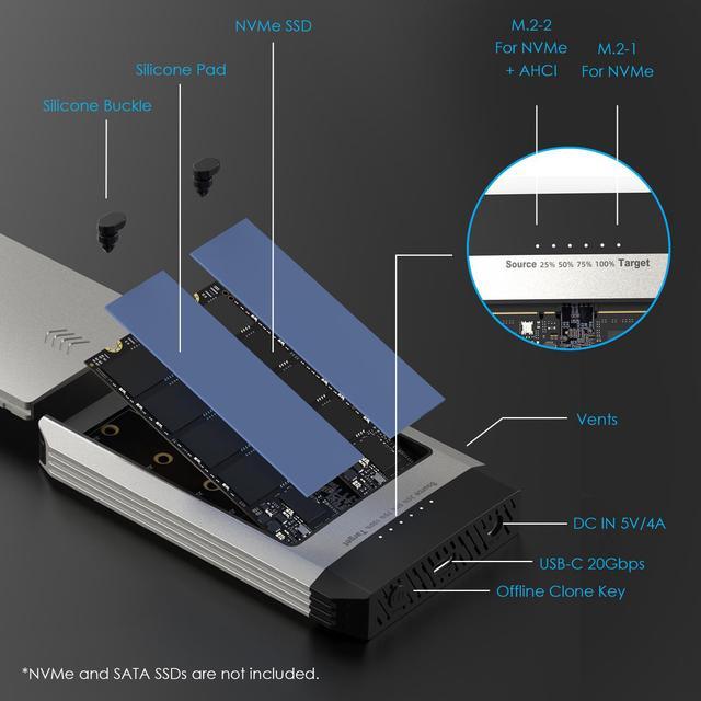 Alt view image 8 of 7 - WAVLINK M.2 NVMe SSD Enclosure 20Gbps Dual-Bay Offline Clone Tool-Free, M.2 Duplicator with Heat Dissipation, NVMe Enclosure for SSDs PCIe Sizes 2230/2242/2260/2280 Up to 8TB Supports NVMe and AHCI