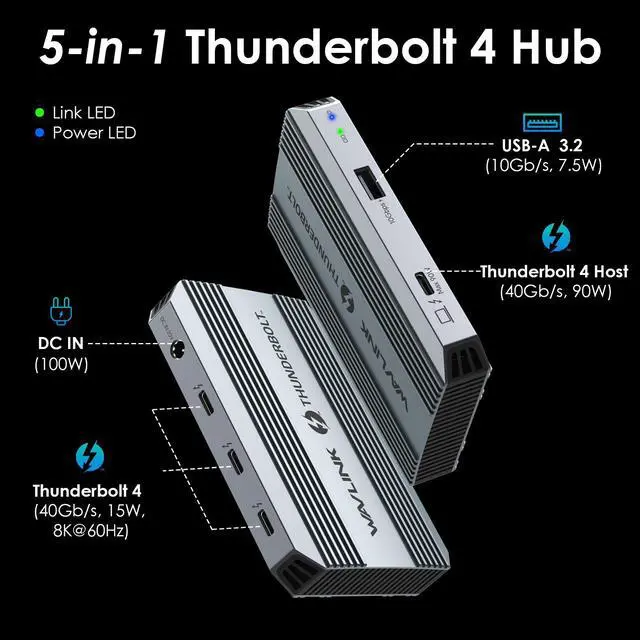 Alt view image 2 of 7 - WAVLINK 5-in-1 Thunderbolt 4 Hub, 90W PD Charging, Single 8K or Dual 4K Display for MacBook Pro/Air M1 M2 M3, Thunderbolt 4/3, USB-C/USB 4 Windows