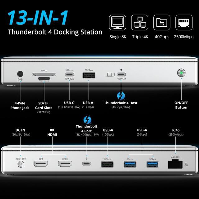 Alt view image 3 of 7 - WAVLINK Thunderbolt 4 Docking Station, Single 8K, Triple 4K Display, 13 In 1 Laptop Dock for TBT 4/3 Mac & TBT 4 Windows PC, 40 Gbps with Max 96W Charging for Laptop with 2.5G RJ45