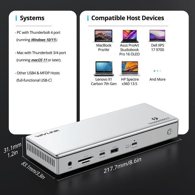 Alt view image 8 of 7 - WAVLINK Thunderbolt 4 Docking Station, Single 8K, Triple 4K Display, 13 In 1 Laptop Dock for TBT 4/3 Mac & TBT 4 Windows PC, 40 Gbps with Max 96W Charging for Laptop with 2.5G RJ45