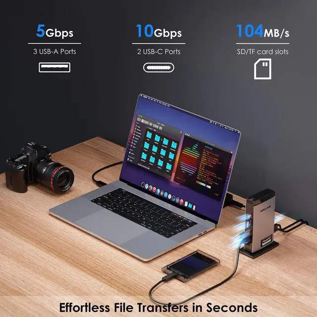 Alt view image 5 of 7 - WAVLINK DisplayLink Docking Station Triple Monitor 4K60Hz with 100W PD Chaing for M1 M2 M3 Mac and Windows, 3 HDMI, 2 DP, Ethernet Port, Audio/Mic, SD/TF, 5 USB Ports, 130W AC Power Supply