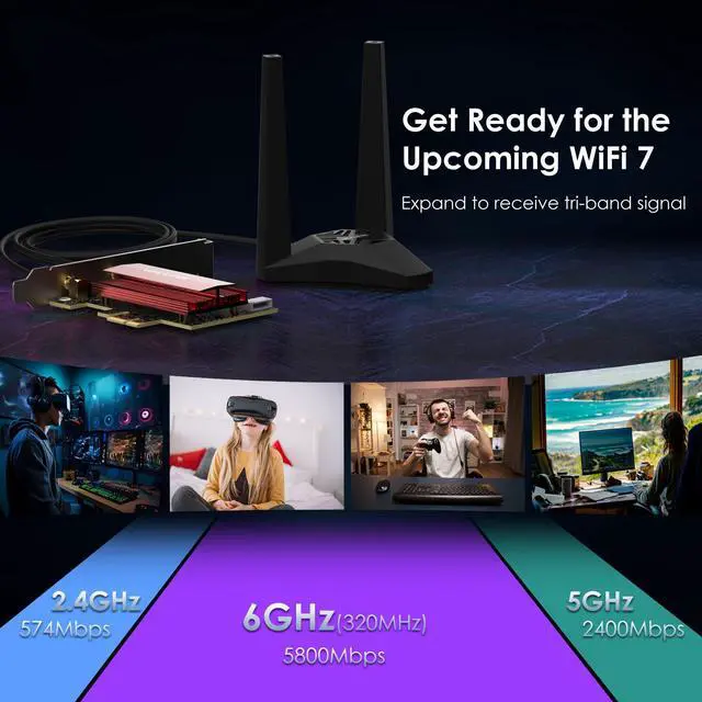 Alt view image 3 of 7 - WAVLINK WiFi 7 BE8800 PCIe WiFi Card 8774Mbps, Tri-Band 2.4G/5G/6GHz Bluetooth 5.4 Network Card Intel BE200 Wireless Adapter, 802.11be with MU-MIMO, WPA3, for Windows 10/11(64bit), Not Support AMD