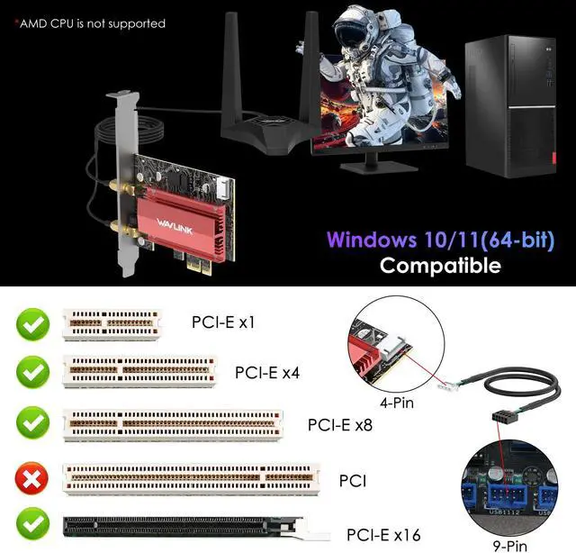 Alt view image 7 of 7 - WAVLINK WiFi 7 BE8800 PCIe WiFi Card 8774Mbps, Tri-Band 2.4G/5G/6GHz Bluetooth 5.4 Network Card Intel BE200 Wireless Adapter, 802.11be with MU-MIMO, WPA3, for Windows 10/11(64bit), Not Support AMD
