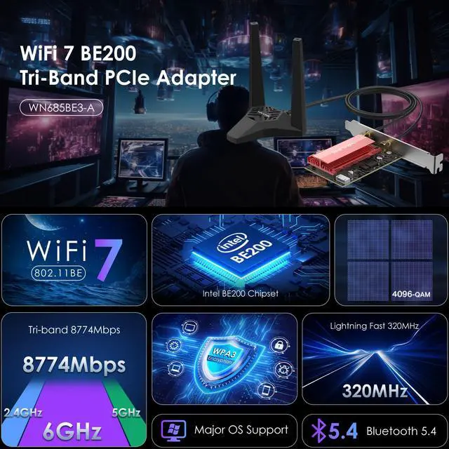 Alt view image 2 of 7 - WAVLINK WiFi 7 BE8800 PCIe WiFi Card 8774Mbps, Tri-Band 2.4G/5G/6GHz Bluetooth 5.4 Network Card Intel BE200 Wireless Adapter, 802.11be with MU-MIMO, WPA3, for Windows 10/11(64bit), Not Support AMD