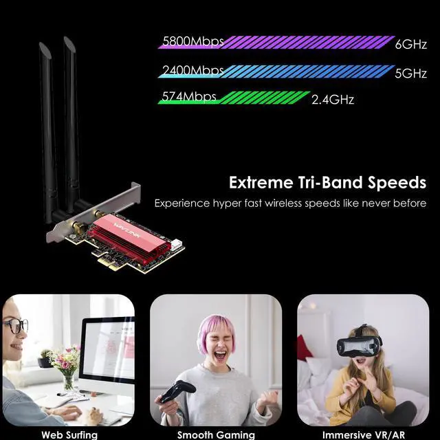Alt view image 3 of 7 - WAVLINK WiFi 7 BE8800 PCIe Network Card 8774Mbps, Tri-Band Intel BE200 Wireless Adapter with Bluetooth 5.4, MU-MIMO, WPA3, Low-Profile Bracket, Heat Sink, for Gaming PC Desktop, Windows 11/10(64Bit)