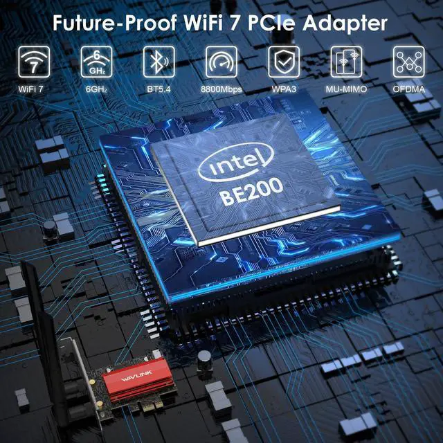 Alt view image 2 of 7 - WAVLINK WiFi 7 BE8800 PCIe Network Card 8774Mbps, Tri-Band Intel BE200 Wireless Adapter with Bluetooth 5.4, MU-MIMO, WPA3, Low-Profile Bracket, Heat Sink, for Gaming PC Desktop, Windows 11/10(64Bit)