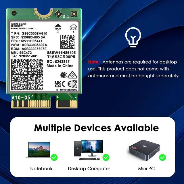 Alt view image 6 of 7 - WAVLINK WiFi 7 Wireless Card, 8774Mbps Tri-Band BE200 M.2 NGFF Network Module with Bluetooth 5.4, MU-MIMO, WPA3, Support Windows 10/11(64-bit) Laptop, Not Support AMD