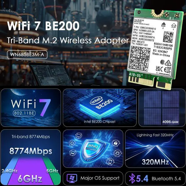 Alt view image 2 of 7 - WAVLINK WiFi 7 Wireless Card, 8774Mbps Tri-Band BE200 M.2 NGFF Network Module with Bluetooth 5.4, MU-MIMO, WPA3, Support Windows 10/11(64-bit) Laptop, Not Support AMD