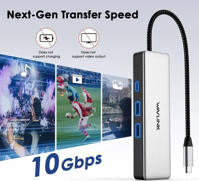 Alt view image 2 of 7 - WAVLINK USB-C Ethernet Hub, 4-in-1 USB 3.2 Gen2 Hub with 1*10Gbps USB-C, 2*10Gbps USB-A and a 2.5Gbps Ethernet Port, Plug & Play for MacBook, Acer Aspire, HP Laptops, iPad, iPhone 15/15 Pro and More