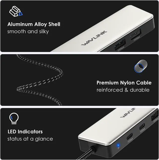 Alt view image 4 of 7 - WAVLINK USB C 10Gbps Hub, 4-Port SuperSpeed USB3.2 Gen2 Splitter, Aluminum USB C to 2 USB C 2 USB A Multiport Adapter for iMac/MacBook/Air/Pro/Chromebook and More Type C Devices