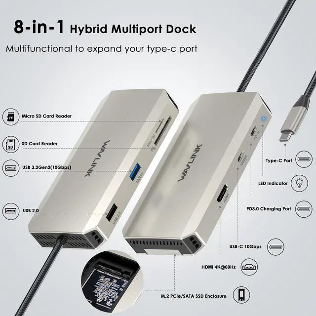 Alt view image 2 of 7 - WAVLINK Type C 10Gbps Hub USB C 4K Dock with M.2 PCIe/SATA SSD Enclosure, Multiport Adapter Supports 87W PD, 4K@60Hz HDMI, USB-C/USB-A 3.2 10Gbps, SD/TF, USB2.0 for Windows, Mac OS