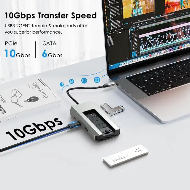 Alt view image 5 of 7 - WAVLINK Type C 10Gbps Hub USB C 4K Dock with M.2 PCIe/SATA SSD Enclosure, Multiport Adapter Supports 87W PD, 4K@60Hz HDMI, USB-C/USB-A 3.2 10Gbps, SD/TF, USB2.0 for Windows, Mac OS