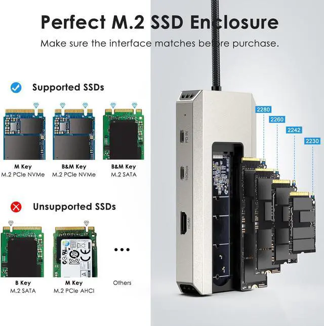 Alt view image 6 of 7 - WAVLINK Type C 10Gbps Hub USB C 4K Dock with M.2 PCIe/SATA SSD Enclosure, Multiport Adapter Supports 87W PD, 4K@60Hz HDMI, USB-C/USB-A 3.2 10Gbps, SD/TF, USB2.0 for Windows, Mac OS
