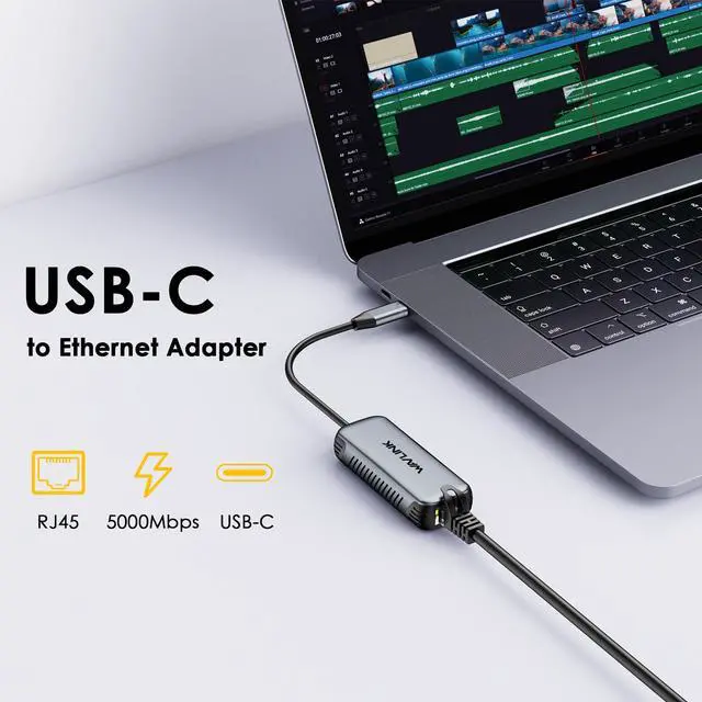 Alt view image 2 of 7 - WAVLINK USB C to Ethernet Adapter 5Gbps, Driver-free RJ45 Gigabit Ethernet Network Adapter for Laptops, Computers and More, Grey Aluminum Case for Windows 10/11, Mac OS 11 or Later, Linux and More