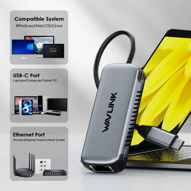 Alt view image 4 of 7 - WAVLINK USB C to Ethernet Adapter 5Gbps, Driver-free RJ45 Gigabit Ethernet Network Adapter for Laptops, Computers and More, Grey Aluminum Case for Windows 10/11, Mac OS 11 or Later, Linux and More