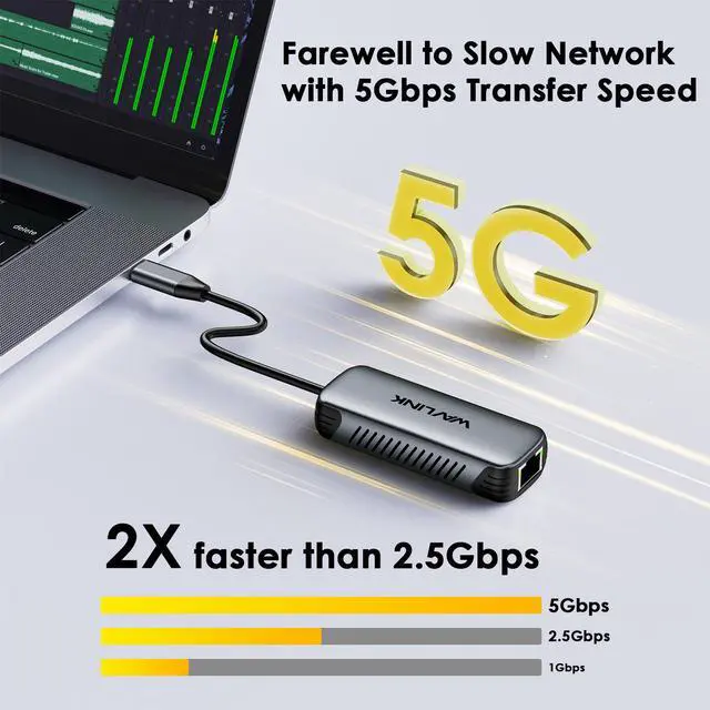Alt view image 5 of 7 - WAVLINK USB C to Ethernet Adapter 5Gbps, Driver-free RJ45 Gigabit Ethernet Network Adapter for Laptops, Computers and More, Grey Aluminum Case for Windows 10/11, Mac OS 11 or Later, Linux and More