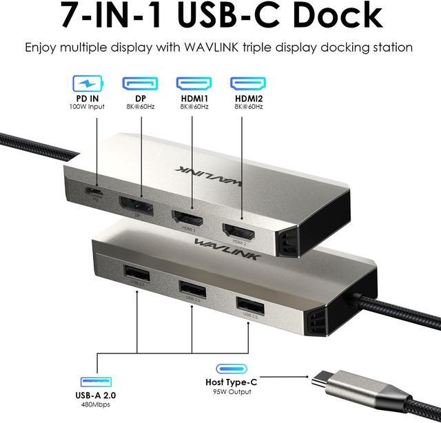 Alt view image 2 of 7 - WAVLINK USB C Laptop Docking Station Triple Display with 95W Power Delivery, Single 8K Triple 4K@60Hz with DP, 2HDMI, 480Mbps USB2.0-A for MacBook, Dell XPS, Lenovo Thinkpad, HP Laptops